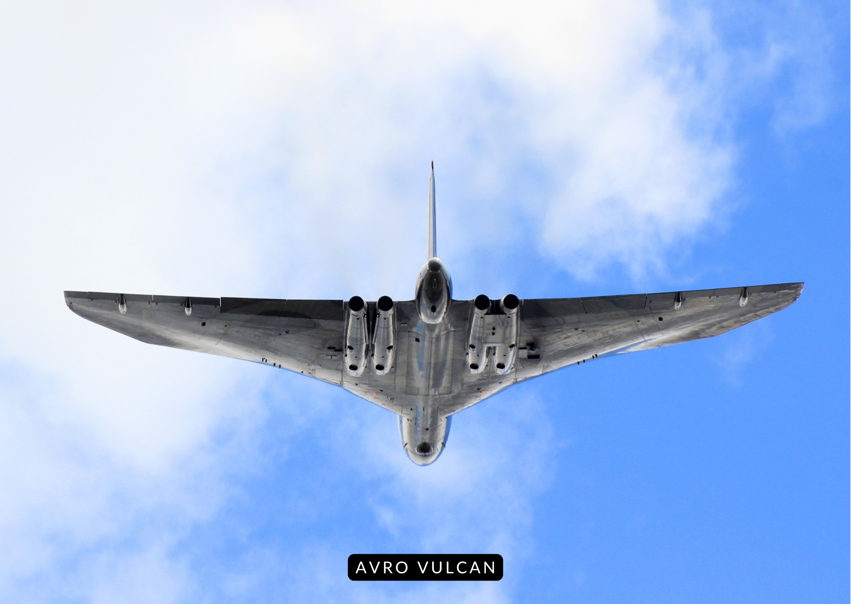 Avro Vulcan bomber flying low with delta wings spread wide